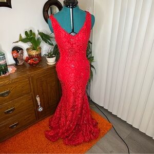 Elegant Red Lace Gown with Stones by Xscape